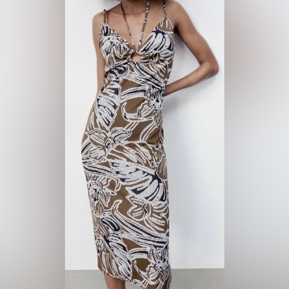 Zara Brown White Black Floral-Print Midi Dress with Ring Front